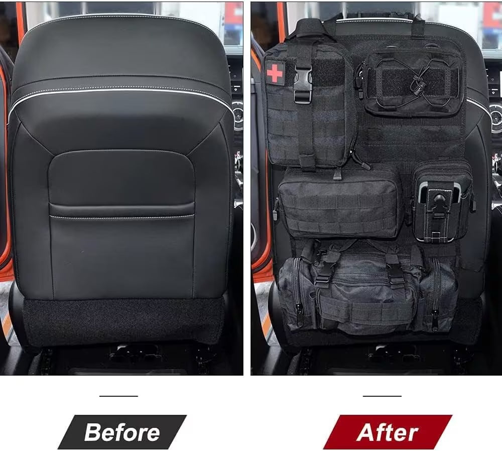 Tactical MOLLE Car Seat Organizer – 5-Pocket Nylon Back Seat Storage Bag & Protector for SUVs, Trucks, and Jeeps