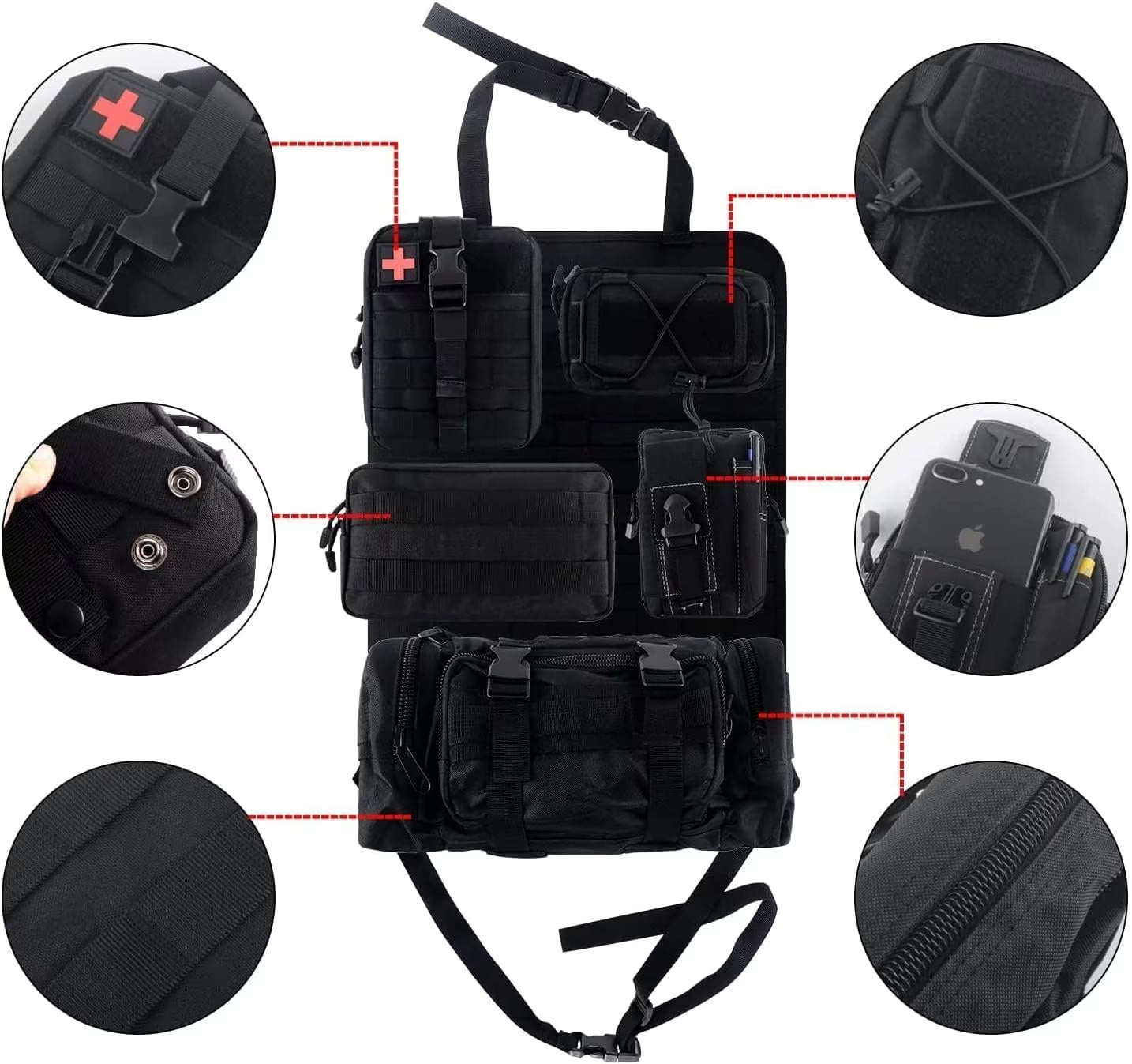 Tactical MOLLE Car Seat Organizer – 5-Pocket Nylon Back Seat Storage Bag & Protector for SUVs, Trucks, and Jeeps