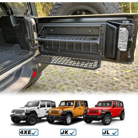 2-Tier Foldable Tailgate Table for Jeep Wrangler JK & JL (2007–2022, 4-Door) – Heavy-Duty Steel Camping Cargo Rack