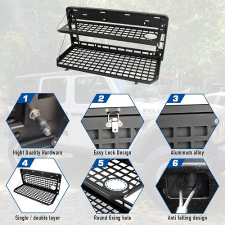 2-Tier Foldable Tailgate Table for Jeep Wrangler JK & JL (2007–2022, 4-Door) – Heavy-Duty Steel Camping Cargo Rack