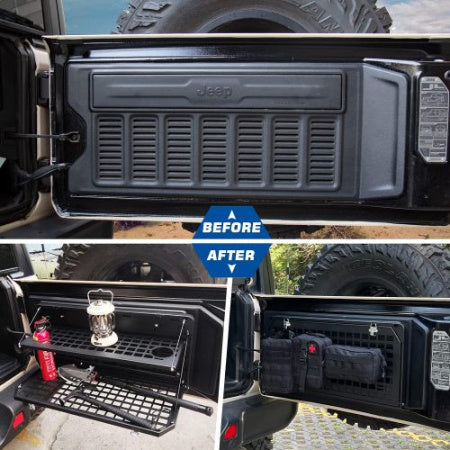 2-Tier Foldable Tailgate Table for Jeep Wrangler JK & JL (2007–2022, 4-Door) – Heavy-Duty Steel Camping Cargo Rack