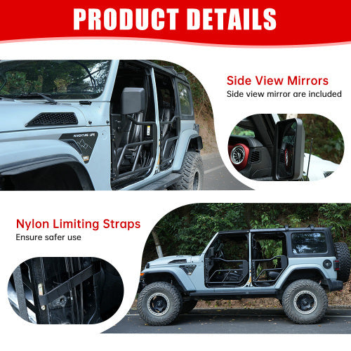 Steel Tube Doors with Side Mirrors – Fits Jeep Wrangler JL / JLU & Gladiator JT (2018–2024, 4-Door & 4xe) | 4-Piece Off-Road Set