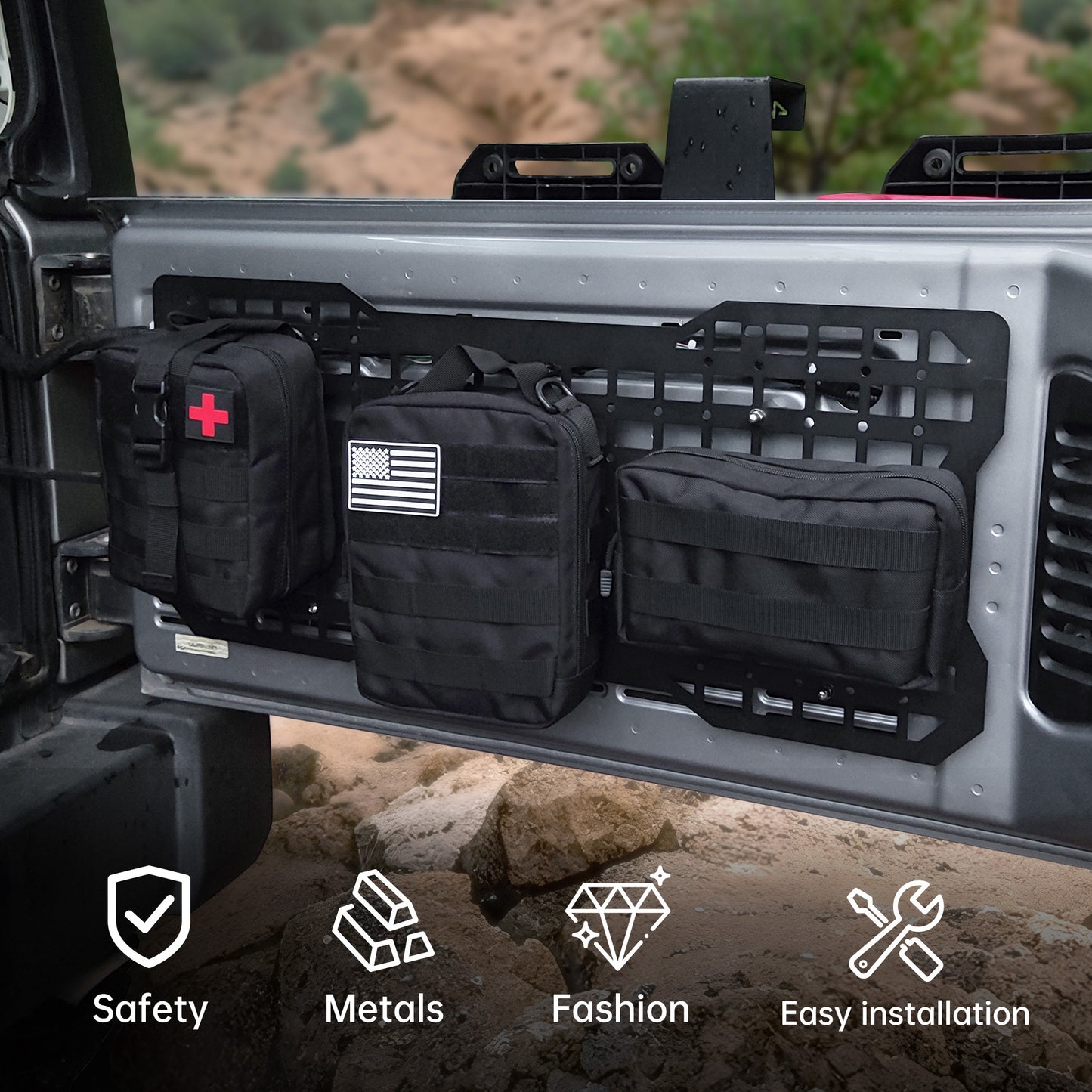 Tailgate Tactical MOLLE Storage Panel – Fits Jeep Wrangler JK / JKU (2007–2018) & JL / JLU (2018–2024) | Aluminum Tool Mount Organizer Rack