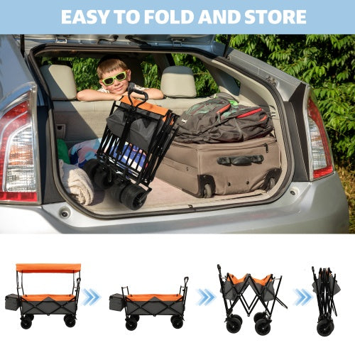 480 lbs Collapsible Wagon with Canopy & Mosquito Net – Heavy-Duty Foldable Wagon Stroller with 7" All-Terrain Wheels for Camping, Sports, Garden & Beach