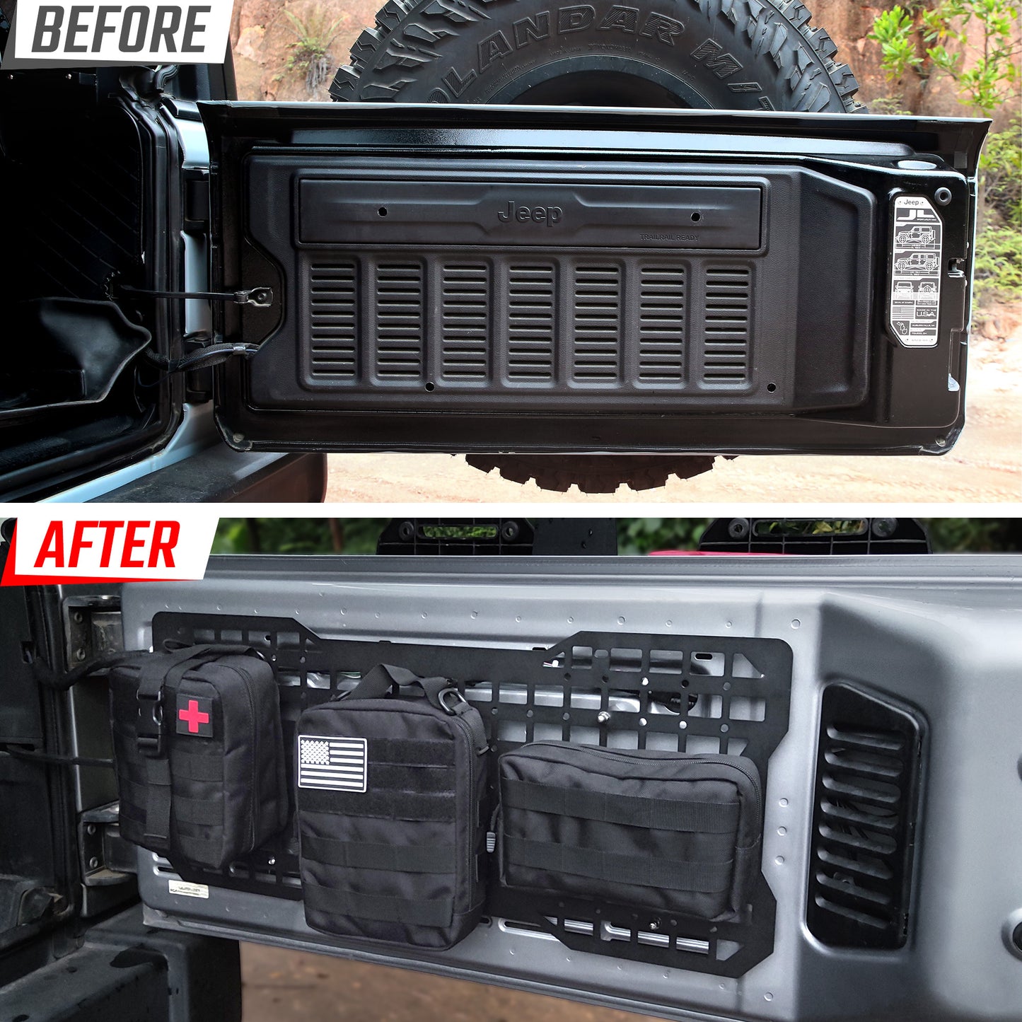 Tailgate Tactical MOLLE Storage Panel – Fits Jeep Wrangler JK / JKU (2007–2018) & JL / JLU (2018–2024) | Aluminum Tool Mount Organizer Rack