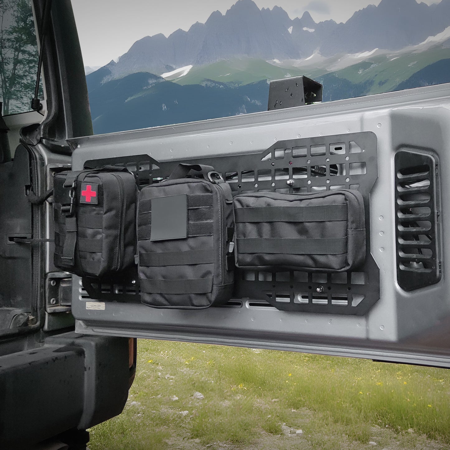 Tailgate Tactical MOLLE Storage Panel – Fits Jeep Wrangler JK / JKU (2007–2018) & JL / JLU (2018–2024) | Aluminum Tool Mount Organizer Rack