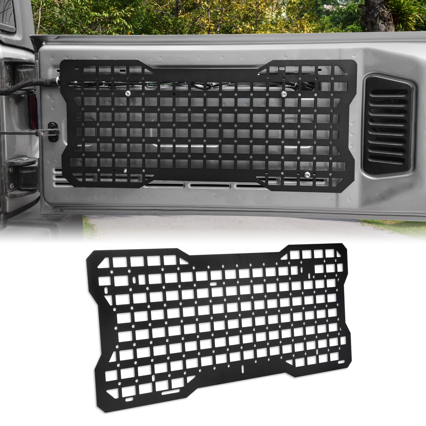 Tailgate Tactical MOLLE Storage Panel – Fits Jeep Wrangler JK / JKU (2007–2018) & JL / JLU (2018–2024) | Aluminum Tool Mount Organizer Rack