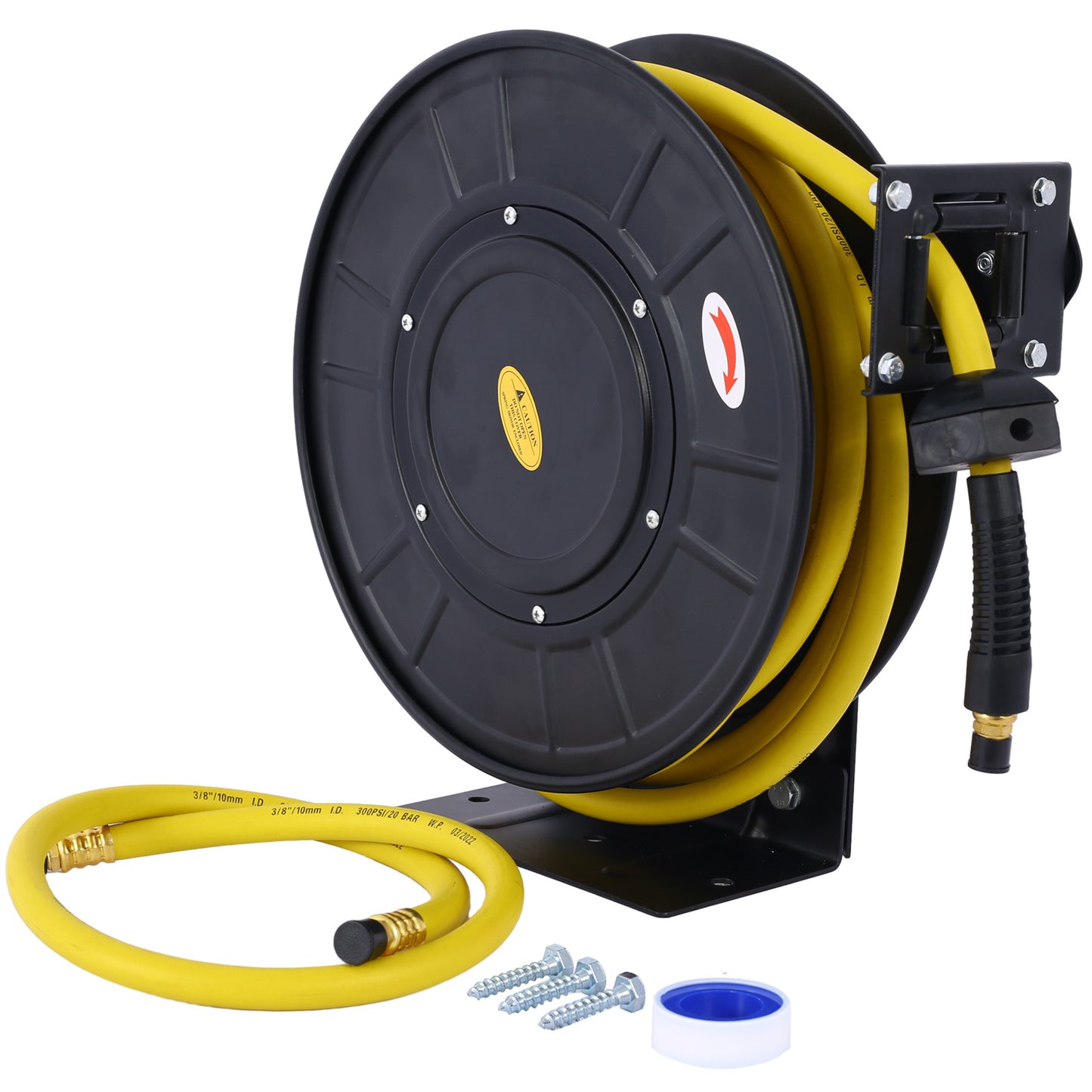 Retractable Air Hose Reel – 3/8" x 50 Ft Hybrid Polymer Hose (Max 300 PSI) | Heavy-Duty Steel Frame Wall-Mount Reel for Garage, Workshop & Industrial Use