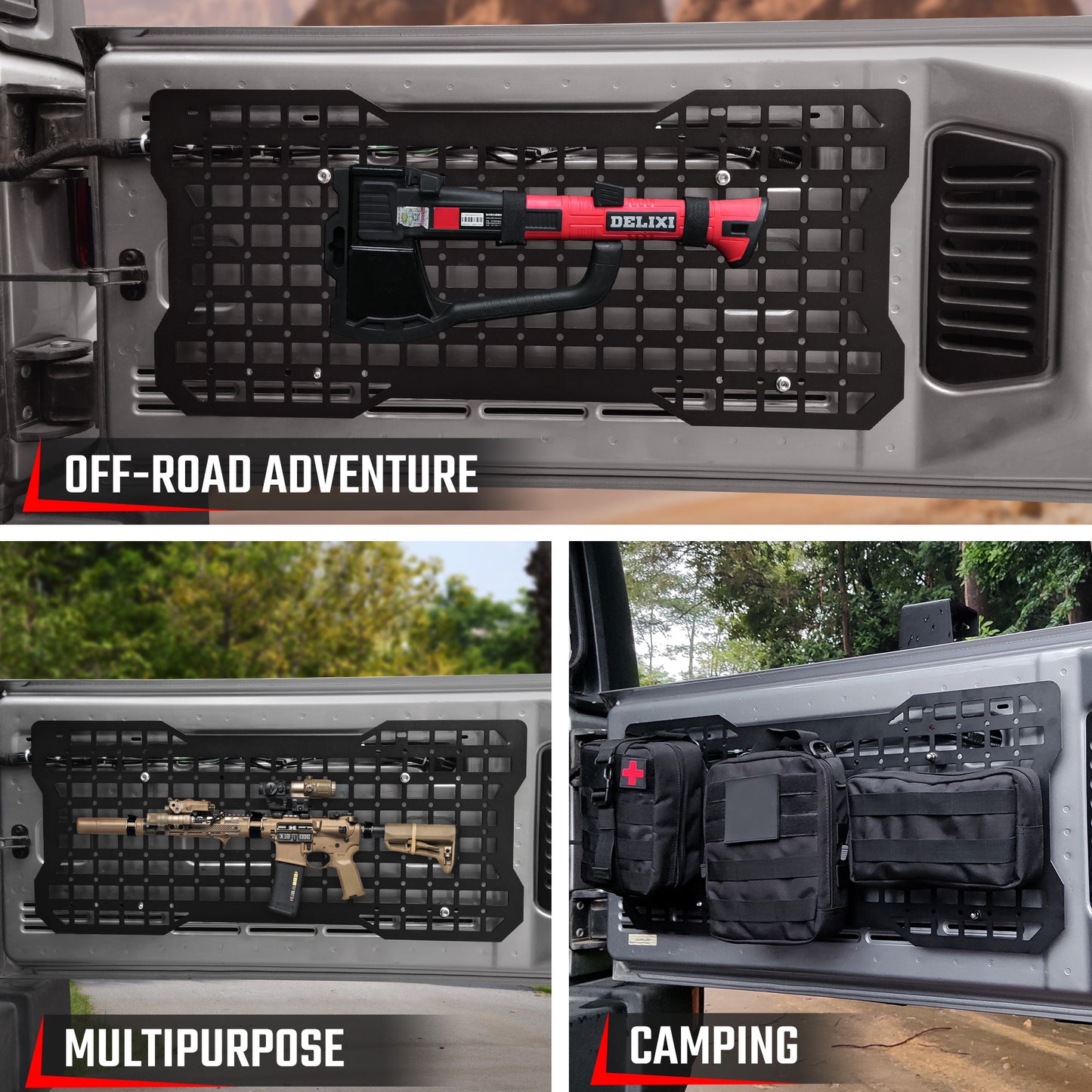 Tailgate Tactical MOLLE Storage Panel – Fits Jeep Wrangler JK / JKU (2007–2018) & JL / JLU (2018–2024) | Aluminum Tool Mount Organizer Rack