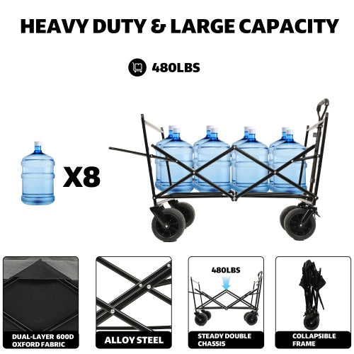 480 lbs Collapsible Wagon with Canopy & Mosquito Net – Heavy-Duty Foldable Wagon Stroller with 7" All-Terrain Wheels for Camping, Sports, Garden & Beach
