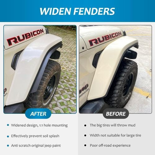 Front & Rear Fender Flares Set (4-Piece) – Fits Jeep Wrangler JL / JLU Unlimited Rubicon 2018–2024 | High-Clearance Off-Road Fender Liners