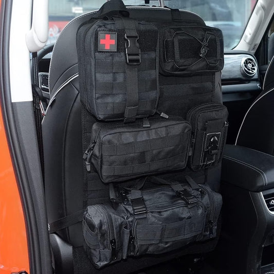 Tactical MOLLE Car Seat Organizer – 5-Pocket Nylon Back Seat Storage Bag & Protector for SUVs, Trucks, and Jeeps