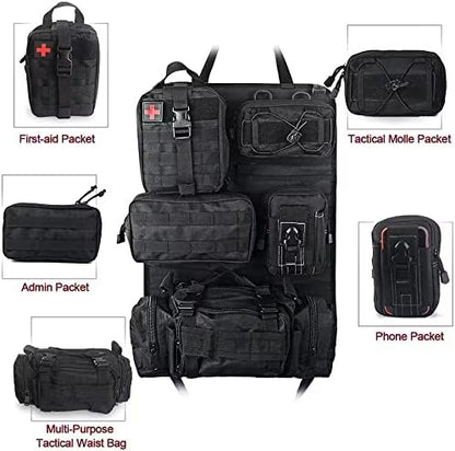 Tactical MOLLE Car Seat Organizer – 5-Pocket Nylon Back Seat Storage Bag & Protector for SUVs, Trucks, and Jeeps