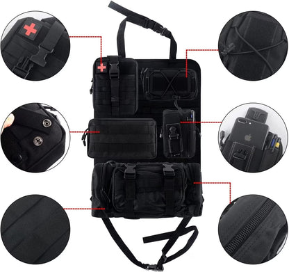 Tactical MOLLE Car Seat Organizer – 5-Pocket Nylon Back Seat Storage Bag & Protector for SUVs, Trucks, and Jeeps