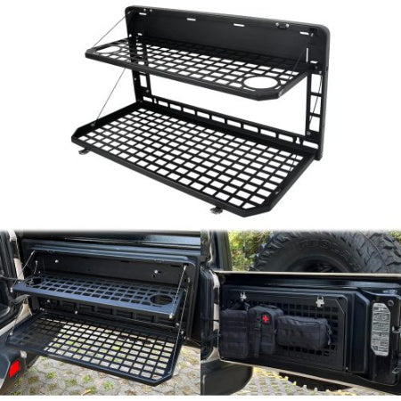 2-Tier Foldable Tailgate Table for Jeep Wrangler JK & JL (2007–2022, 4-Door) – Heavy-Duty Steel Camping Cargo Rack