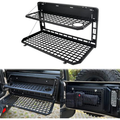 2-Tier Foldable Tailgate Table for Jeep Wrangler JK & JL (2007–2022, 4-Door) – Heavy-Duty Steel Camping Cargo Rack