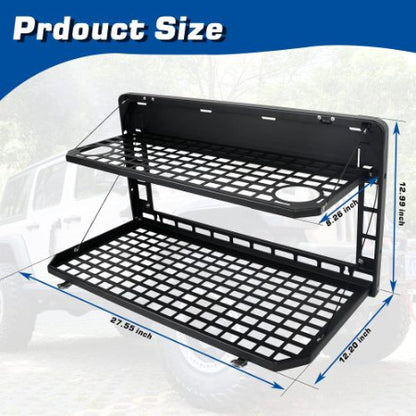 2-Tier Foldable Tailgate Table for Jeep Wrangler JK & JL (2007–2022, 4-Door) – Heavy-Duty Steel Camping Cargo Rack