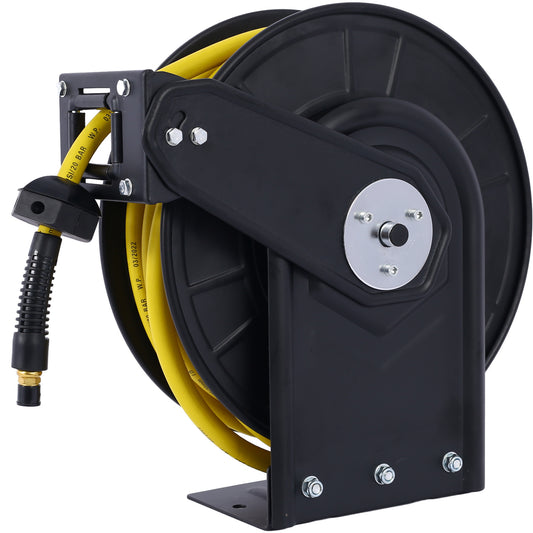 Retractable Air Hose Reel – 3/8" x 50 Ft Hybrid Polymer Hose (Max 300 PSI) | Heavy-Duty Steel Frame Wall-Mount Reel for Garage, Workshop & Industrial Use